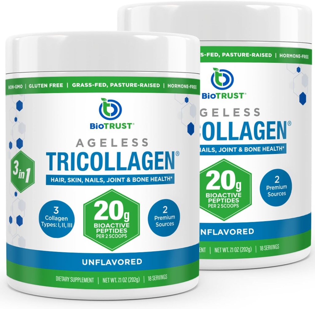 BioTrust Tri Collagen Powder - 3- in-1 Hydrolyzed Collagen Peptider Powder (Type I, II, & III) - Græs Fed Collagen Protein Powder for Anti Aging, Hud, Hår, Bone & fælles sundhed - Unflavored, 2- Pack