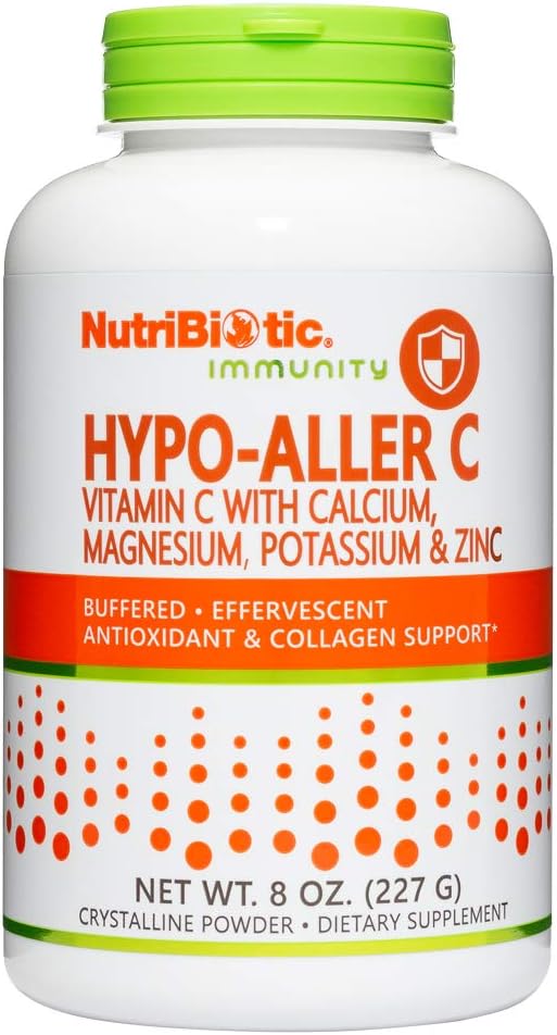 NutriBiotic Hypo-Aller C Powder Vitamin C and Minerals for Antioxidant & Collagen Support | 1300 mg Vitamin C per serving | 8 ounce | Buffered and Easy on the Stomach | L-Ascorbic Acid with calcium, magnesium, zinc, and potassium | Potent, High Solubility | Pharmaceutical Grade | Non-GMO | Gluten Free | Dietary Supplement | Vegan | Easily dissolves | Effervescent