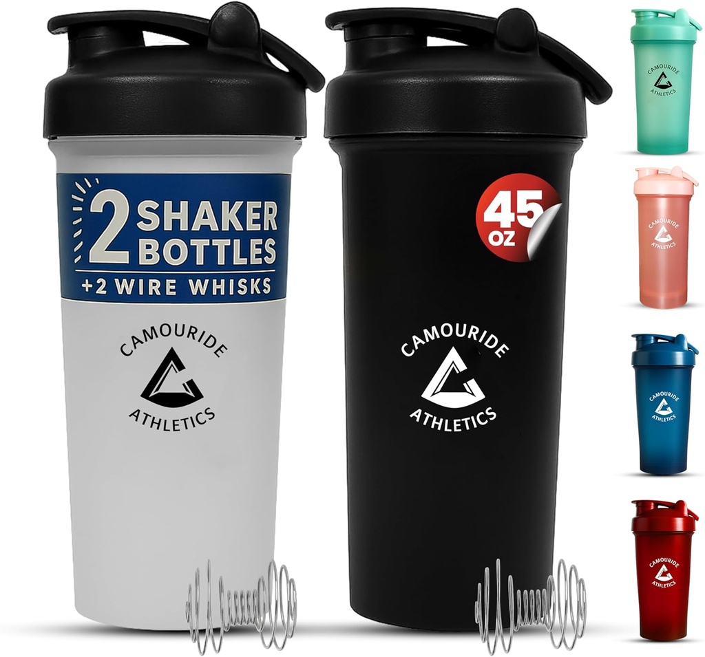 2 Pack 45 oz Protein Shaker Flasker med Wire Whisk - BPA- Free, Leak- Proof Shaker Cups for Protein Shakes & Smoothies - Stor Plastic Mixer Flaske - Classic White & Midnight Black