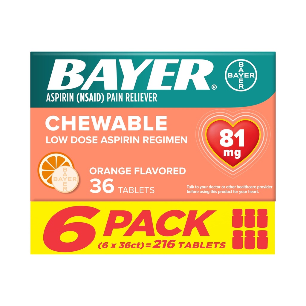Bayer Aspirin Lavdosis 81 mg tyggetabletter, smertestillende tabletter, orange smag, 216 tabletter (6 pakninger)