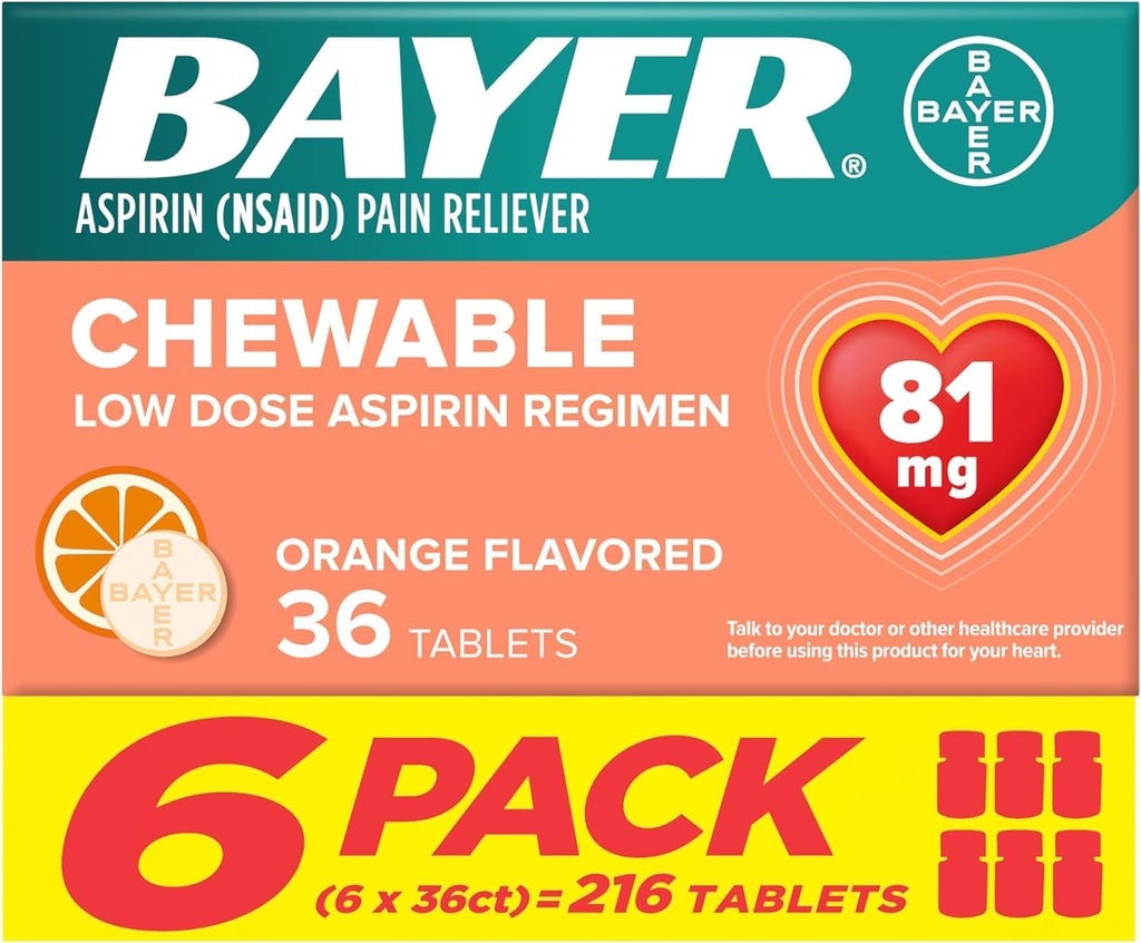 Bayer Aspirin Lavdosis 81 mg tyggetabletter, smertestillende tabletter, orange smag, 216 tabletter (6 pakninger)