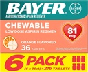 Bayer Aspirin Lavdosis 81 mg tyggetabletter, smertestillende tabletter, orange smag, 216 tabletter (6 pakninger)