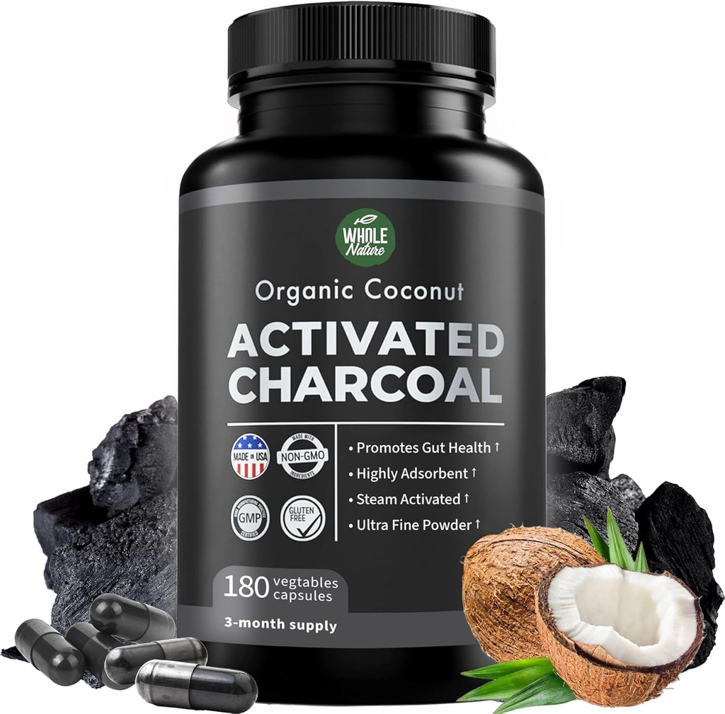Pure Coconut Activated Charcoal Capsules - 180 Charcoal Pills, Helps with Teeth Whitening, Bloating and Body Cleansing. Non-GMO - Gluten Free, Vegan
