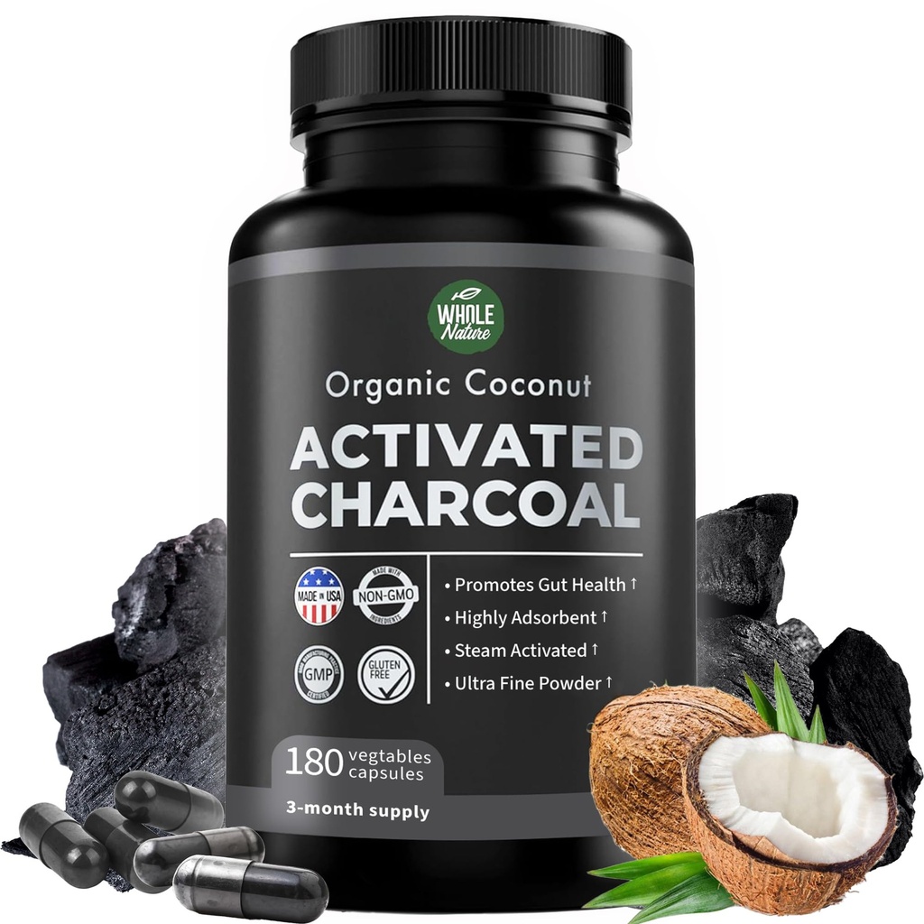 Ren kokos aktiverede Charcoal Kapsler - 180 Charcoal Pills, Hjælper med Tandblegning, Bloating og Body Cleansing. Non- GMO - Gluten Free, Vegan