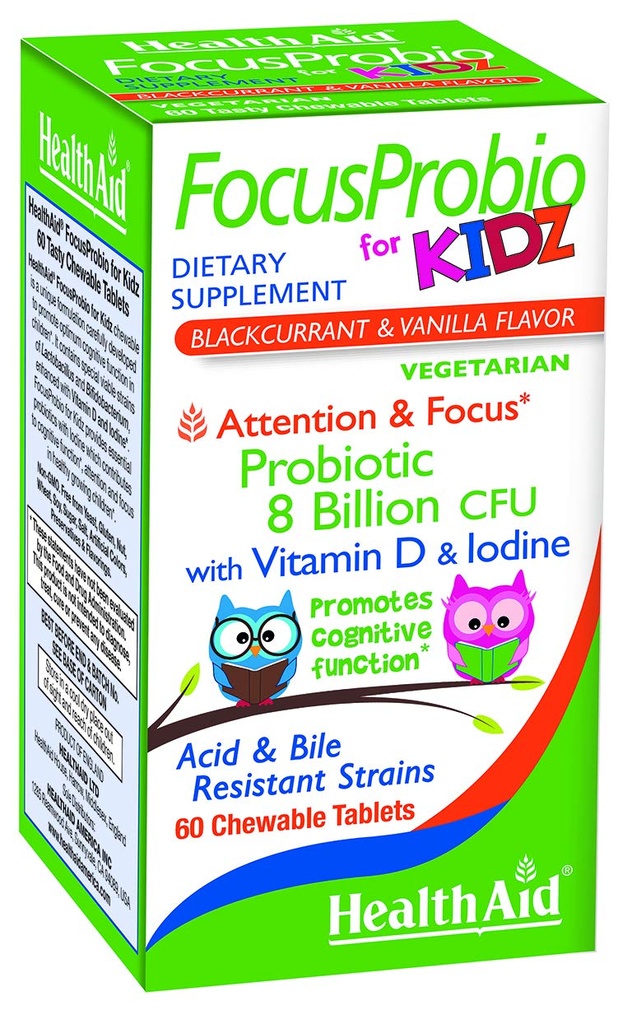 Focusprobio til Kidz, 60 tyggetabletter, understøtter kognitiv funktion for opmærksomhed og fokus. Solbær og vanilje, indeholder D-vitamin og jod. Syre & Bile resistent Strops. Vegetarisk