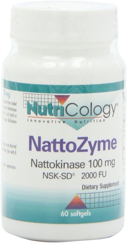Nutricology NattoZyme - Naltokinase Supplement NSK- SD 2000 FU, 100mg, for mænd og kvinder, Hypoallergen, Formel for hjertefunktion - 60 Vegetarisk Softgel