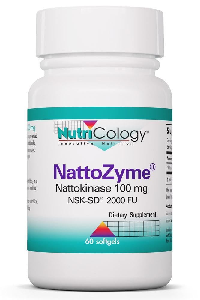 Nutricology NattoZyme - Naltokinase Supplement NSK- SD 2000 FU, 100mg, for mænd og kvinder, Hypoallergen, Formel for hjertefunktion - 60 Vegetarisk Softgel