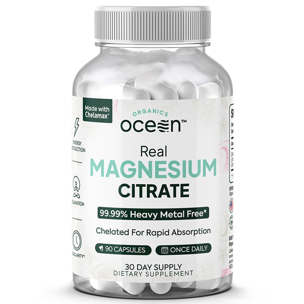 Organiske Ocean Real Magnesium Citrate - Høj Absorption Magnesium supplement - Chelated Magnesium til støtte for energi, afspænding og regelmæssighed