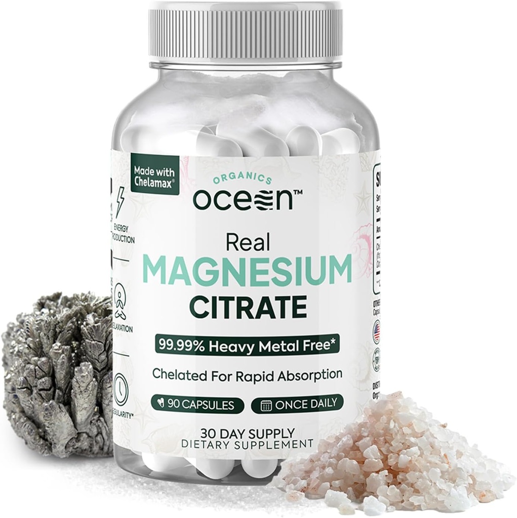 Organiske Ocean Real Magnesium Citrate - Høj Absorption Magnesium supplement - Chelated Magnesium til støtte for energi, afspænding og regelmæssighed