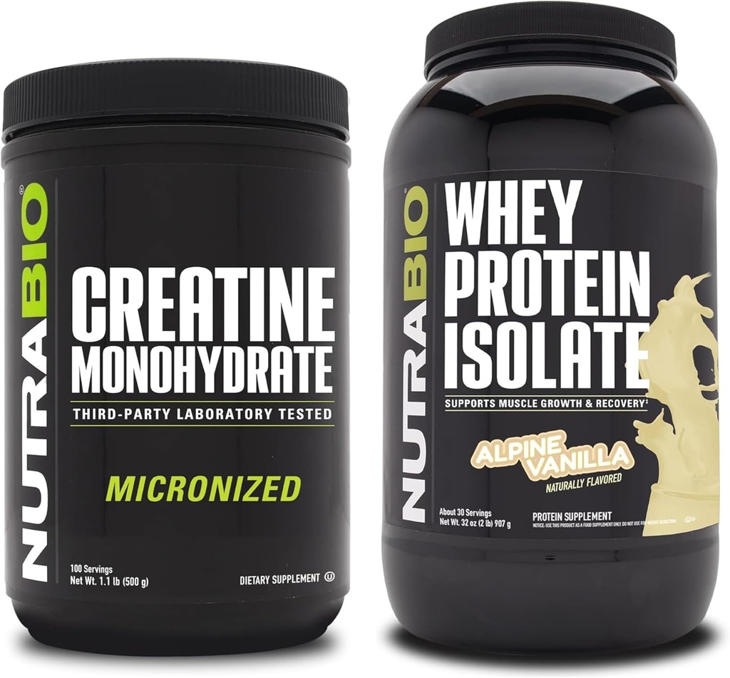 NutraBio Creatine Monohydrate, Unflavored, 500g and Whey Protein Isolate, Alpine Vanilla, Supplement Bundle - Muscle Energy, Lean Muscle Growth, Recovery, and Strength