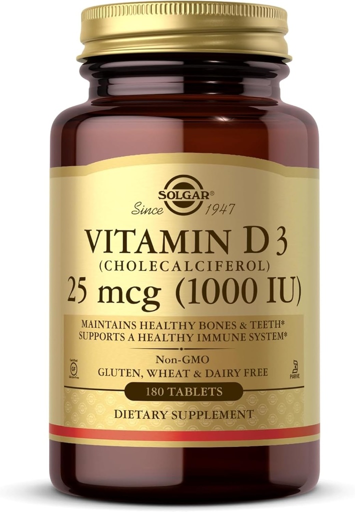 Solgar Vitamin D3 (Cholecalciferol) 25 mcg (1000 IE) - 180 tabletter - Hjælper med at vedligeholde sunde knogler & tænder - immunsystem support - ikke-GMO, Gluten fri, Dairy Free, Kosher - 180 Servere
