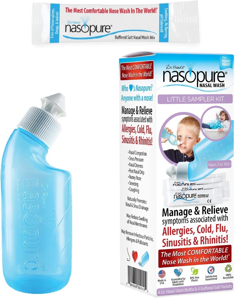 Nasopure Nasal Wash, Little Sampler Kit, "The Nicer Neti Pot" Sinus Wash Kit, Komfortabel Nasal Rinse 4 Oz Flaske & 4 saltpakninger (3.75 Gr Hver), Nasal Congestion, Cold, Allergi, Nasal Vanding