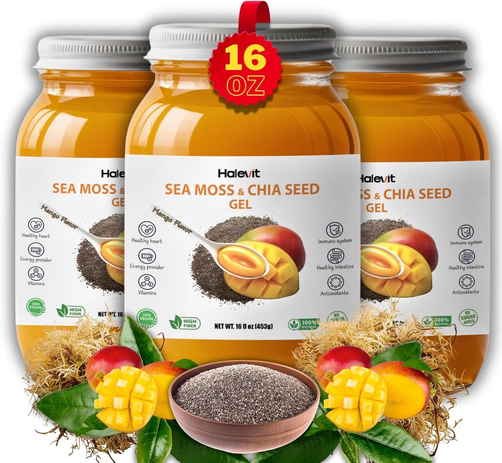 Sea Moss Gel med jorden Chia Frø, Sea Moss Gel Organic Raw - Natural Jod Kilde, Omega-3, Immun & fordøjelsesstøtte, Vegan Superfood, Mango Flavor, Lavet i USA, 16 oz