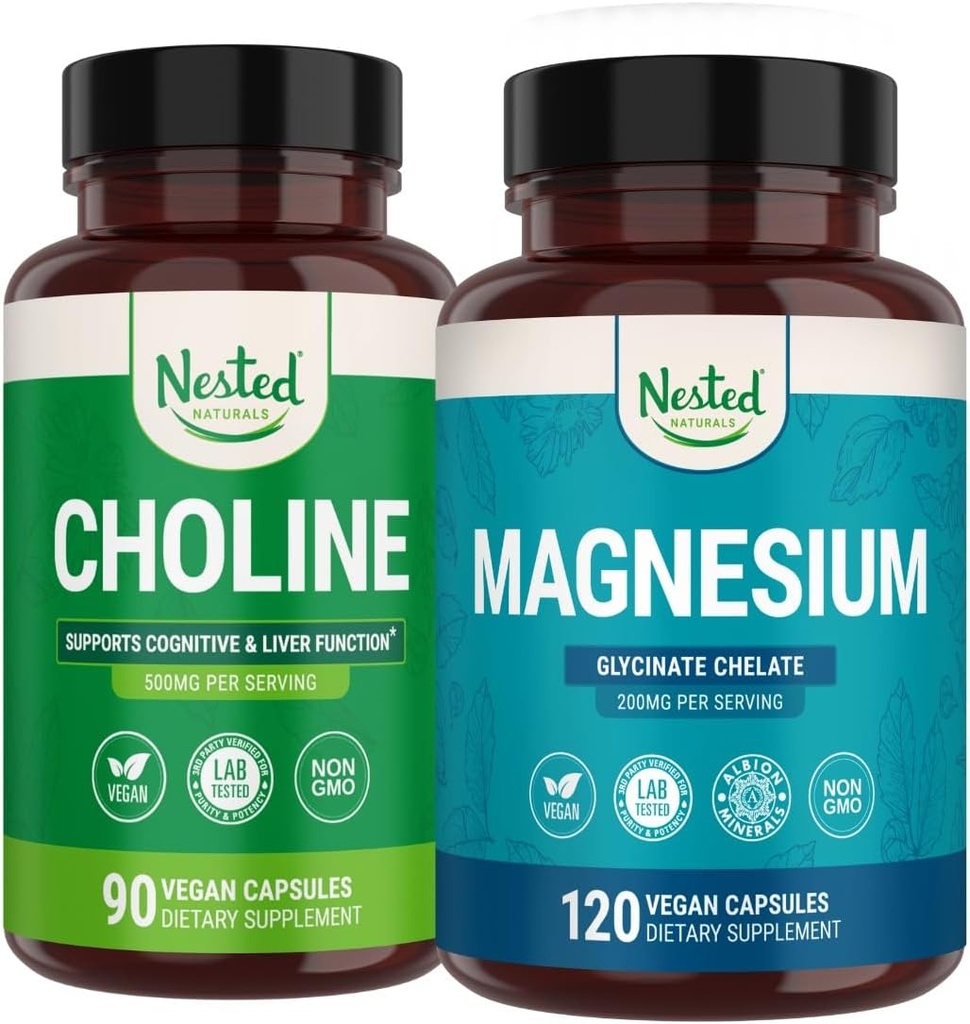 Nested Naturals Cholin Bitartrate & Magnesium Glycinate Chelate Stack 124; Afslapning, Sleep Support, Kognitiv Performance (210 Tæl)