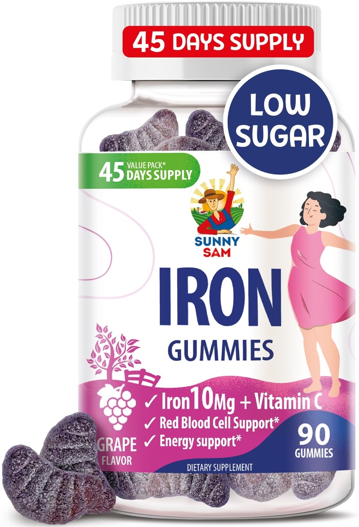 SUNNY SAM Iron Gummies for børn & voksne - Iron Vitaminer med C-vitamin, 10mg per servering - Chewable Fruit Gummy til immunforsvar Red Blood Cell Production