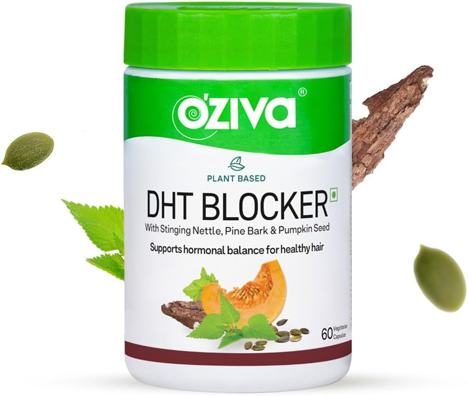 OZIVA Plant Based DHT Blocker Capsules Note 124; 60 Greve Note 124; med Stinging Nettle, Beta Sitosterol, Pumpkin Seed, Pine Bark for Hairfall Control & Follicle Stimulation (60 Greve)