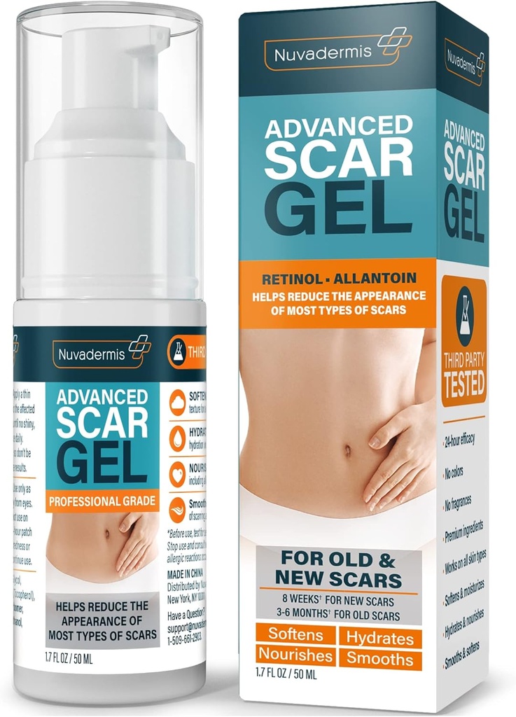 NUVADERMIS Silicone Scar Gel - 1.7 Fl Oz, Transparent Gel - Retinol & E-vitamin Formel til kirurgiske biler - C- sektion, Tuck & Keloid Care