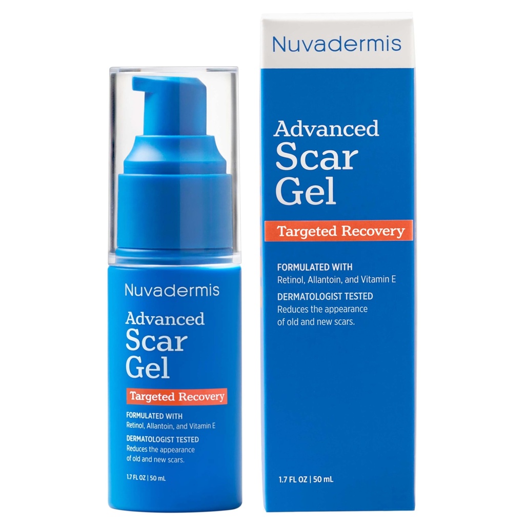 NUVADERMIS Silicone Scar Gel - 1.7 Fl Oz, Transparent Gel - Retinol & E-vitamin Formel til kirurgiske biler - C- sektion, Tuck & Keloid Care