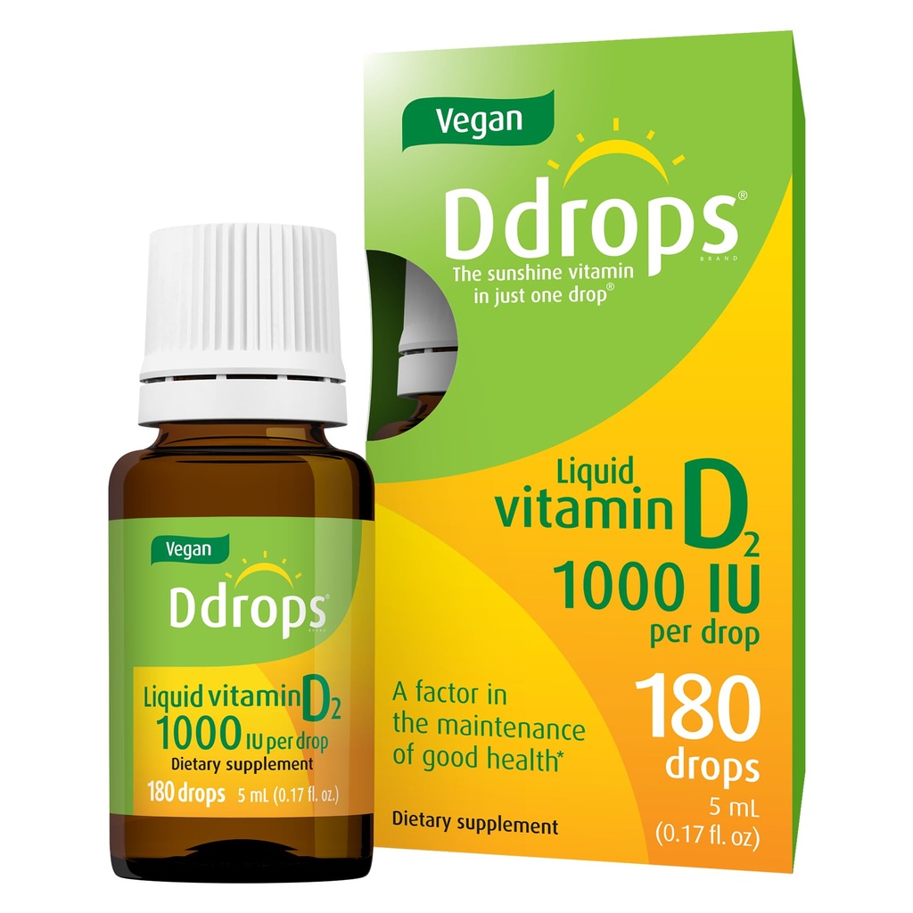 Ddrops Vegan 1000 IE 180 dråber - Daily Vitamin D Væske - Understøtter ben sundhed & immunsystem. Ingen store kapsler, ingen konserveringsmidler, ikke-GMO, allergi- venlig
