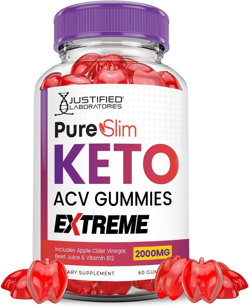 Justified Laboratories Pure Slim Keto ACV Gummies Extreme 2000MG PureSlim Keto Gummies Advanced Formel Apple Cider Vinagar med Pomegranate Beet Juice Powder B12 Vegan Non GMO 60 Gummys