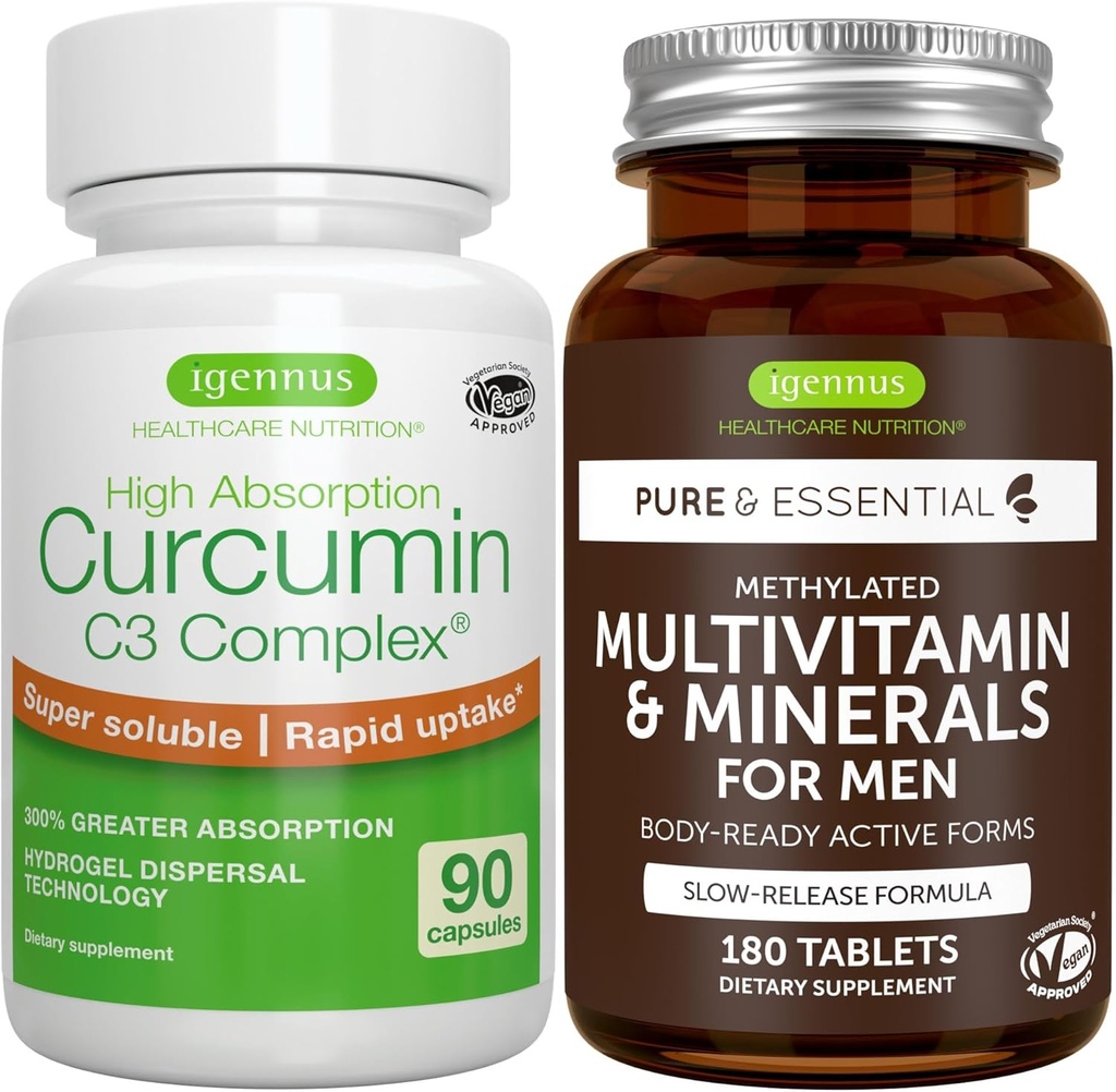 Multivitamin og mineraler til mænd + høj Absorption Curcumin C3 Complex, Vegan Bundle, Sustained Release Advanced Multivitamin + 300% Større Absorption Curcuminoider med hurtig Optagelse, af Igennus