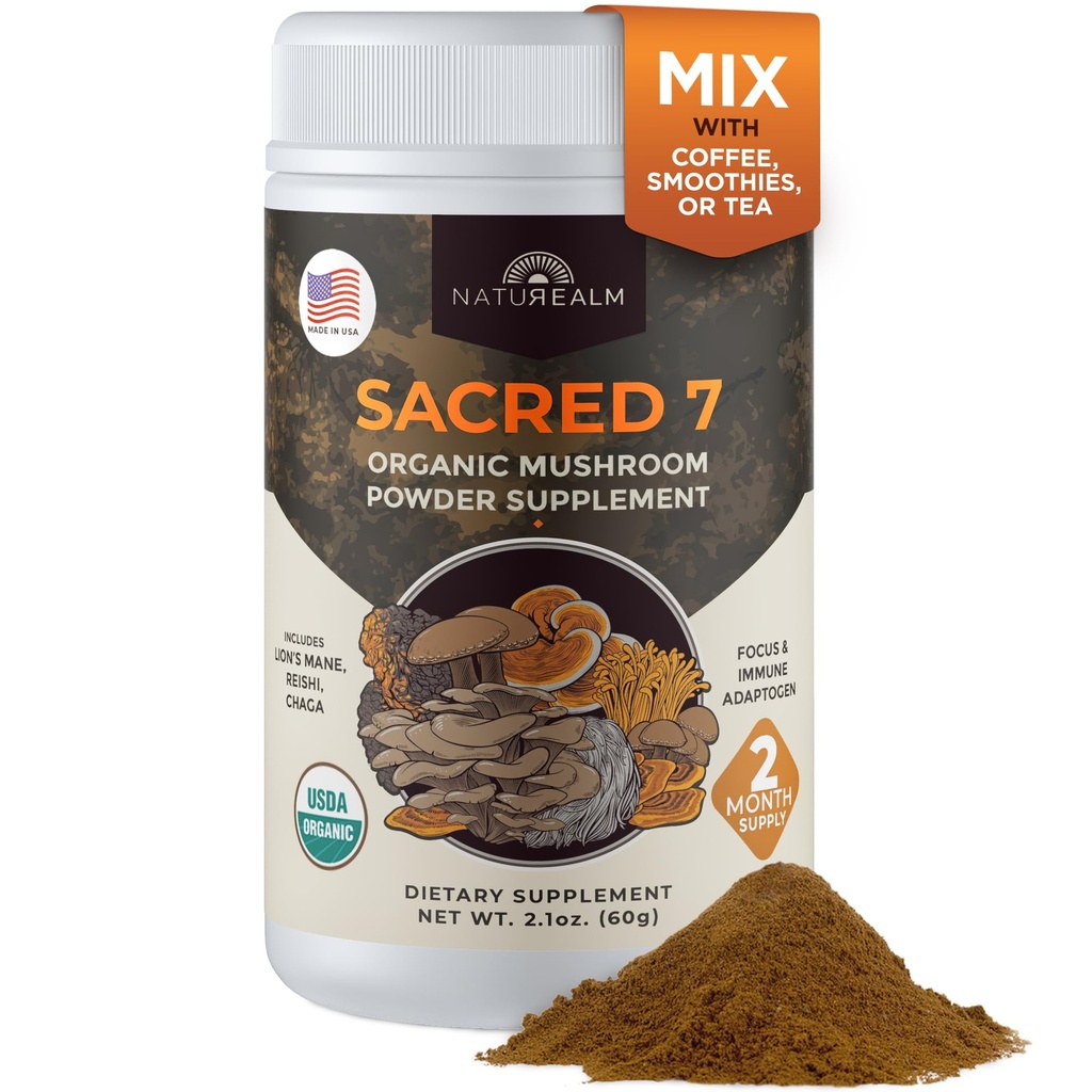Natuarige Sacred 7 Organic Mushroom Supplement - 100% Fruiting Body Extract Powder with Lions Mane, Reishi, Chaga & Mere Buddy 124; Nootrop & immunsupport til kaffe, te, smoothies - 60 Servere