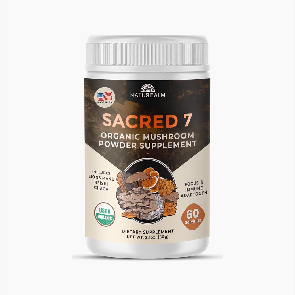 Natuarige Sacred 7 Organic Mushroom Supplement - 100% Fruiting Body Extract Powder with Lions Mane, Reishi, Chaga & Mere Buddy 124; Nootrop & immunsupport til kaffe, te, smoothies - 60 Servere