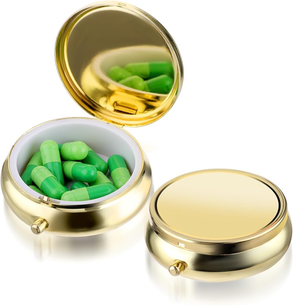 Pill Box Cute Small Pill Box til purse & Pocket Medicine Organizer Travel Pillbox Vandtæt Pill sag Metal Pill Container Holder for vitaminer, fiskeolie, Kosttilskud (guld)