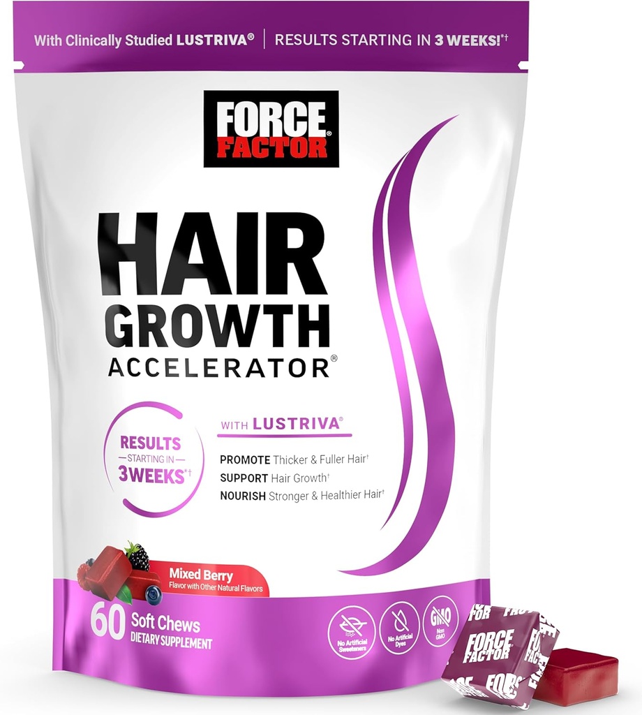 Force Factor Hair Growth Accelerator Soft Chews, Hair Growth Vitamins for Women and Men with Clinically Studied Lustriva and Biotin, Promotes Thicker, Fuller, Stronger Hair, Mixed Berry, 60 Soft Chews