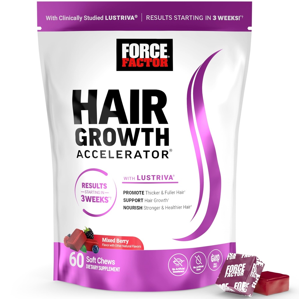 Kraftfaktor Hårvækst Accelerator Soft Chews, Hårvækst Vitaminer for kvinder og mænd med klinisk undersøgt Lustriva og biotin, fremmer Thicker, Fuller, stærkere hår, blandet berry, 60 Soft Chews
