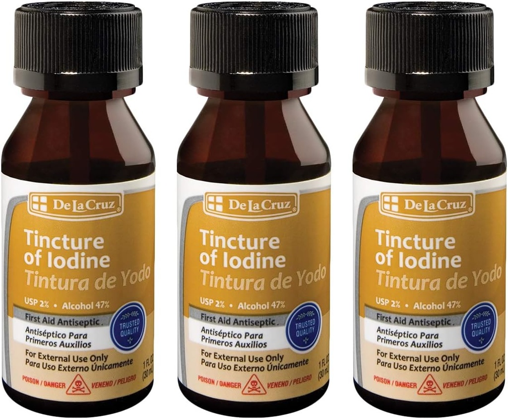 De La Cruz 2% Iodine First Aid Antiseptic, Made in USA 1 FL OZ (3 Bottles)