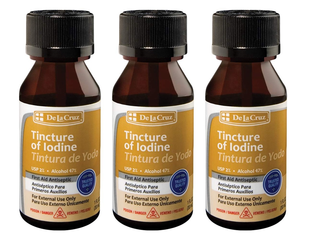 De La Cruz 2% jod førstehjælp Antiseptisk, Lavet i USA 1 FL OZ (3 flasker)