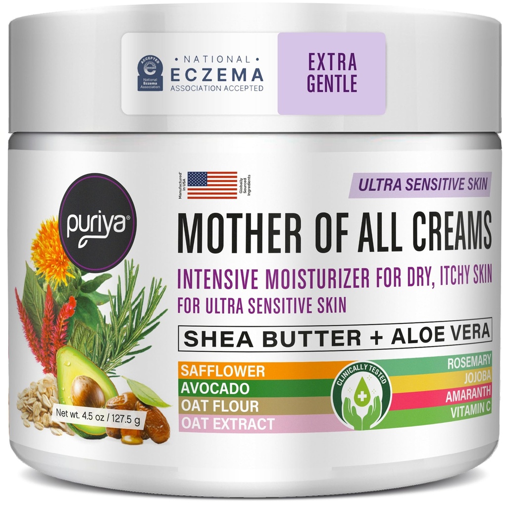 Puriya National Eczema Association Accepted Cream 4.5 oz, Tør Itchy hudlindring, Kolloid havregryn lotion, For børn, voksne, ansigt, hænder, mor til alle cremer, Plant- baseret hydrering, Ingen duft tilføjet