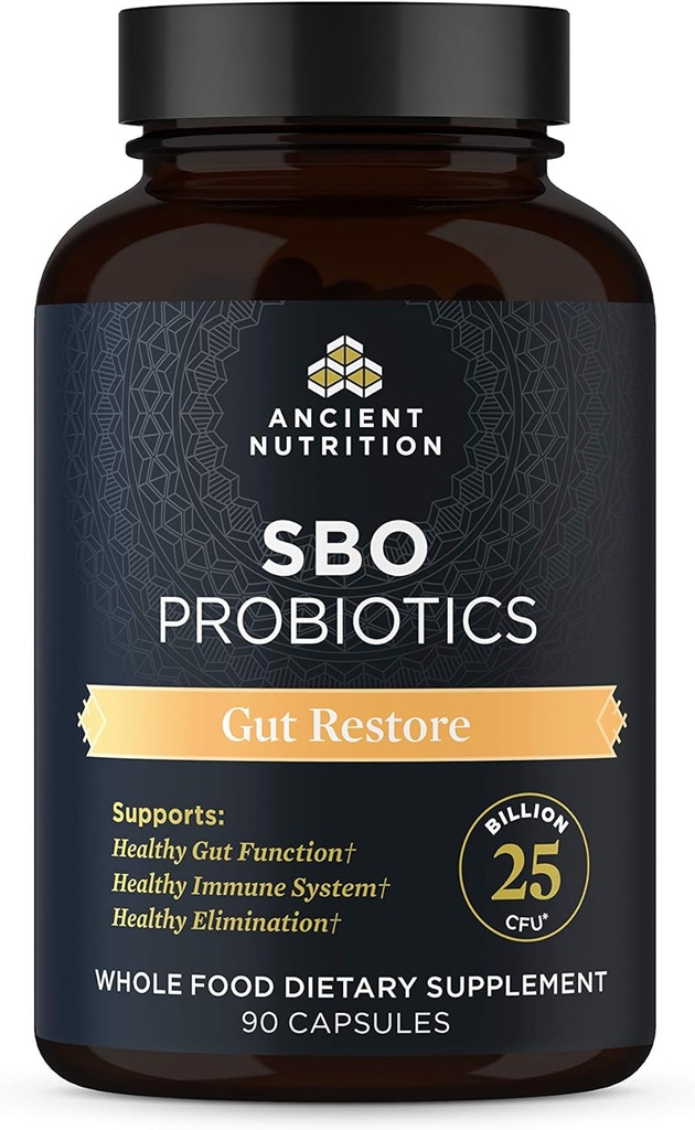 Ancient Nutrition Probiotika, SBO Probiotika Gut Restore 90 Ct, fremmer Gut sundhed, fordøjelse og immunforsvar, Gluten Free, Superfoods Blend, 25 milliarder CFU * Per Serving, 90 kapsler