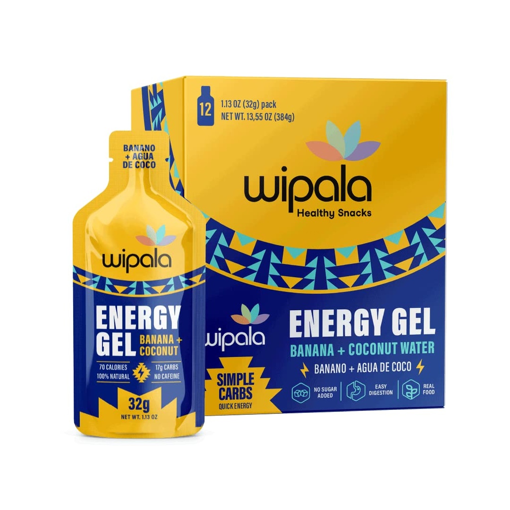 Wipala Energy Gel, Banana Coconut, 12 Pack - Koffein fri, Certificeret Vegan, Ikke GMO - Clean Energy For Endurance Øvelse, Running & Performance