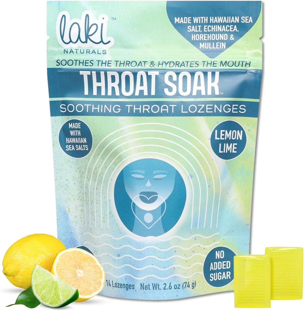 Laki Naturals Throat Soak Herbal Throat Lozenges (14 Ct) - Hawaiian Sea Salt Sore Throat & Dry Mouth Southing Drops - Vegan, Non- GMO, Sugar- Free & Gluten- Free Sweet and Salty Herbal Candies