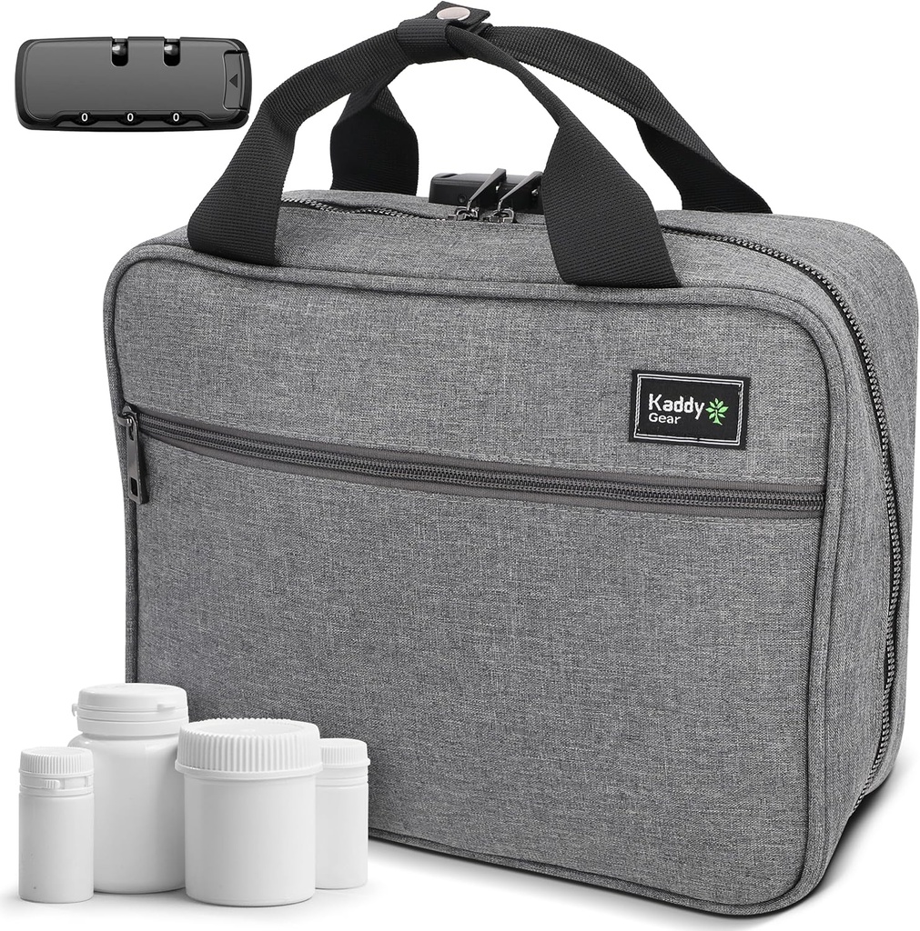 Kaddy Large Medicine Bag, Sikker, Polstret, Pill Organizer Box, Case for flasker af medicin eller kosttilskud; Opbevaring; toilettryk; 3 Digit Lock, Grey
