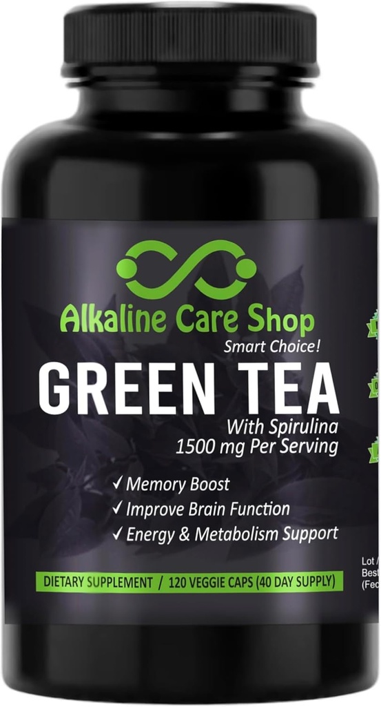 Alkaline Care - Grøn te med Spirulina ekstrakt 1500mg - Høj Absorption Ultra Potent grøn te tillæg med Spirulina - Grøn te for energi & Metabolisme Support Kapsler - 120 Kapsler