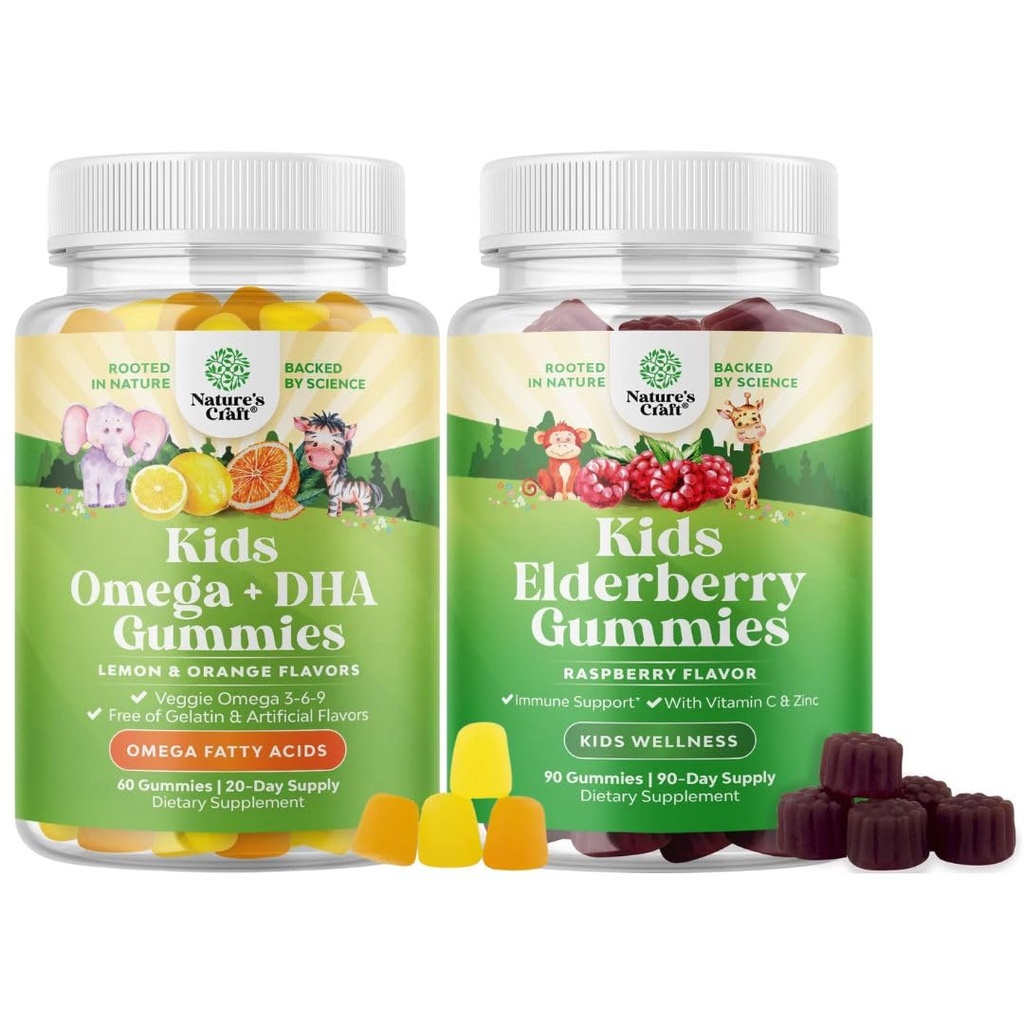 Bundle of Kids DHA Omega 3 Gummies - Fedtsyrer Omega 3 6 9 for hjerne immunstyrke & vision - Nutritional DHA og Sambucus Elderberry Gummies for Kids Sundhed - Zink & C for immunforsvar