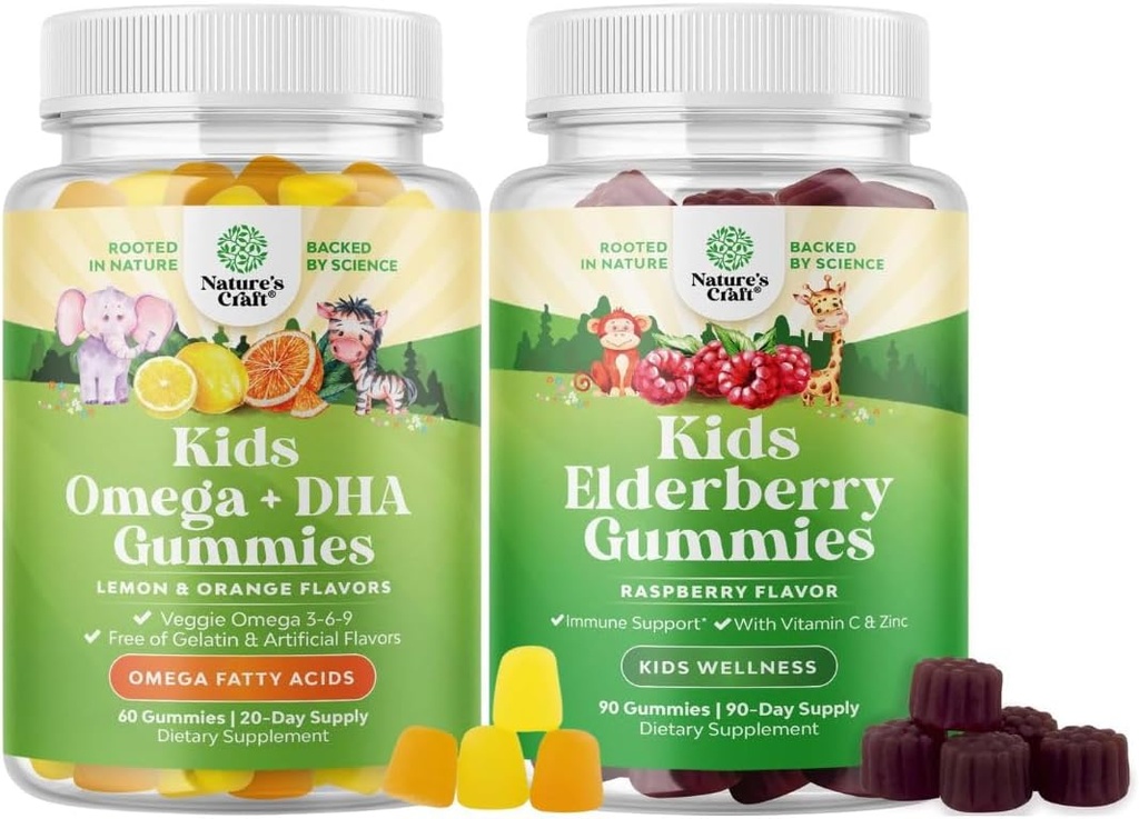 Bundle of Kids DHA Omega 3 Gummies - Fedtsyrer Omega 3 6 9 for hjerne immunstyrke & vision - Nutritional DHA og Sambucus Elderberry Gummies for Kids Sundhed - Zink & C for immunforsvar