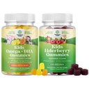 Bundle of Kids DHA Omega 3 Gummies - Fedtsyrer Omega 3 6 9 for hjerne immunstyrke & vision - Nutritional DHA og Sambucus Elderberry Gummies for Kids Sundhed - Zink & C for immunforsvar