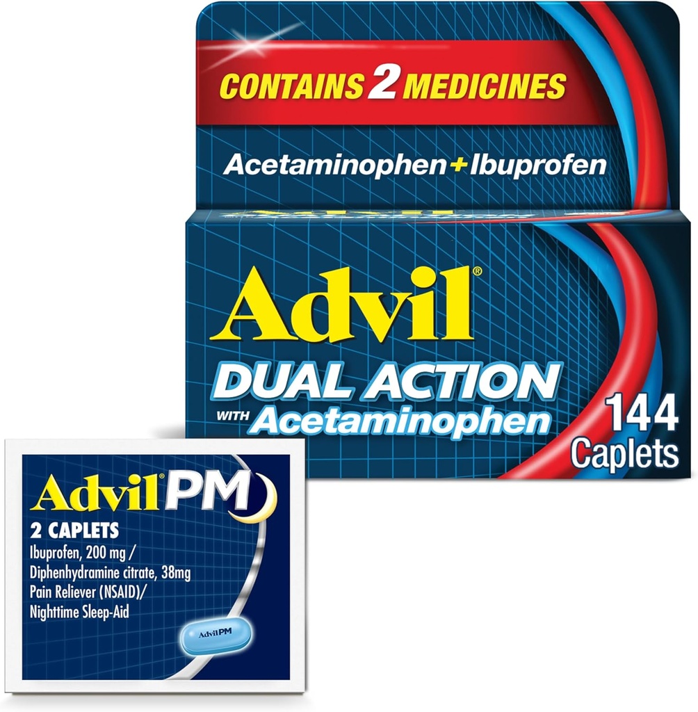 Advil Dual Action med Acetaminophen og Ibuprofen (2 dosis ækvivalent) For 8 timers smertelindring, Overtrukket 144 Ct Caplets og 2 Ct. Stikprøve af Advil PM