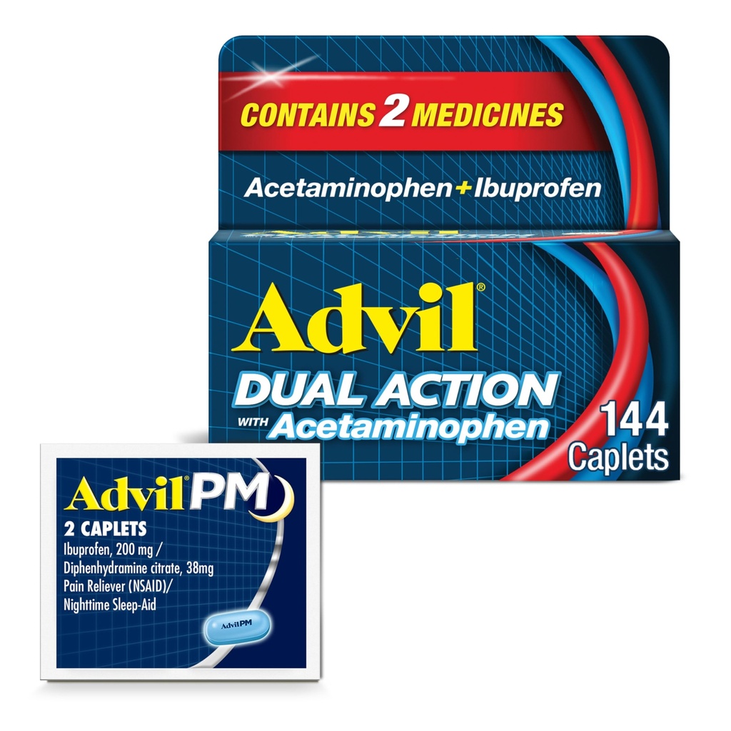 Advil Dual Action med Acetaminophen og Ibuprofen (2 dosis ækvivalent) For 8 timers smertelindring, Overtrukket 144 Ct Caplets og 2 Ct. Stikprøve af Advil PM