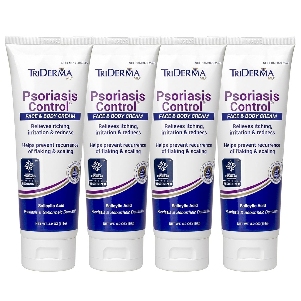 TriDerma Psoriasis Control Face & Body Cream - Maksimal styrke 3% Salomonsyre, AP4 Aloe Vera Gel, Urea Cream - Ekstra moisturizing Treatment, Ingen Cortison eller Coal Tar - FSA Støtteberettiget - 4.2 oz, 4Pack