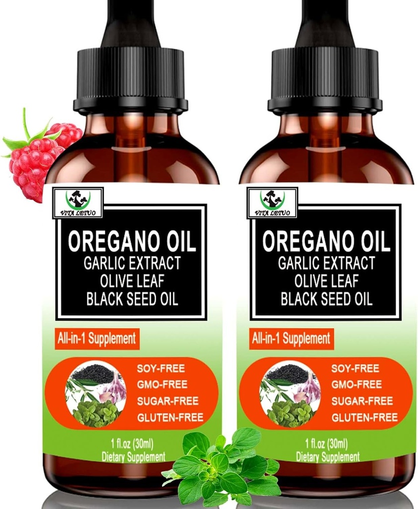 (2 Pack) Organic Oil of Oregano med Black Seed Oil for immun, fordøjelsesstøtte & antioxidant, w / Hvidløg Elderberry Sæsonstøtte 6X Absorption Liquid Oregano Drops