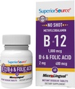 Superior Source No Shot Vitamin B- 12 Methylcobalamin 1000 mcg, B- 6 & folsyre 400 mcg - Understøtter hjerne & hjerte sundhed - Aids Natural Energy Nivels - 60 Sublingual Opløsning Tablets