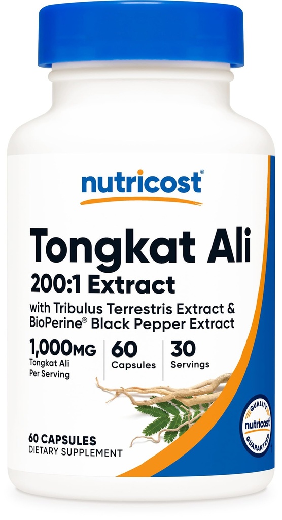 Nutricost Tongkat Ali 1.000mg 60 kapsler - med Tribulus Terrestris og BioPerine, Vegetarisk Caps, Non- GMO, Gluten Free, Potent Extract