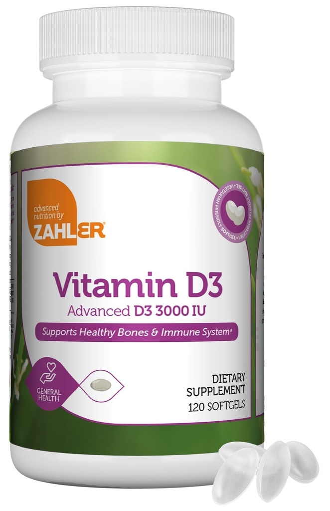 Zahler - Avanceret D3 3000 IE Softgels (120 Greve) Kosher Vegetarisk Friendly D-vitamin til immunforsvar, ben, tænder og muskel sundhed - Dagligt D3 Vitamin supplement til voksne - Easy Swallow.