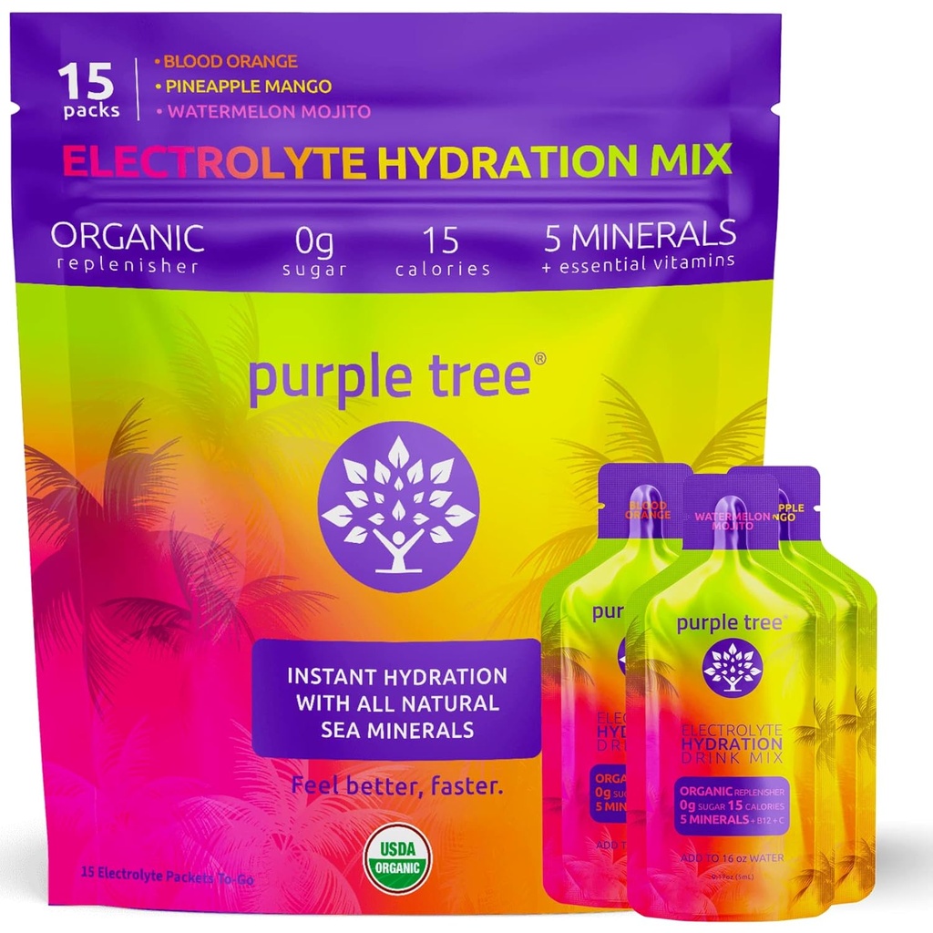 lilla træ Organic Electrolyte Hydration Pakninger, Zero Sugar, Sea Salts, Daily IV Hydrate Pakninger til hurtig rehydrering Relief - Vand drikke mix, Variety Pack, 15 Enheder