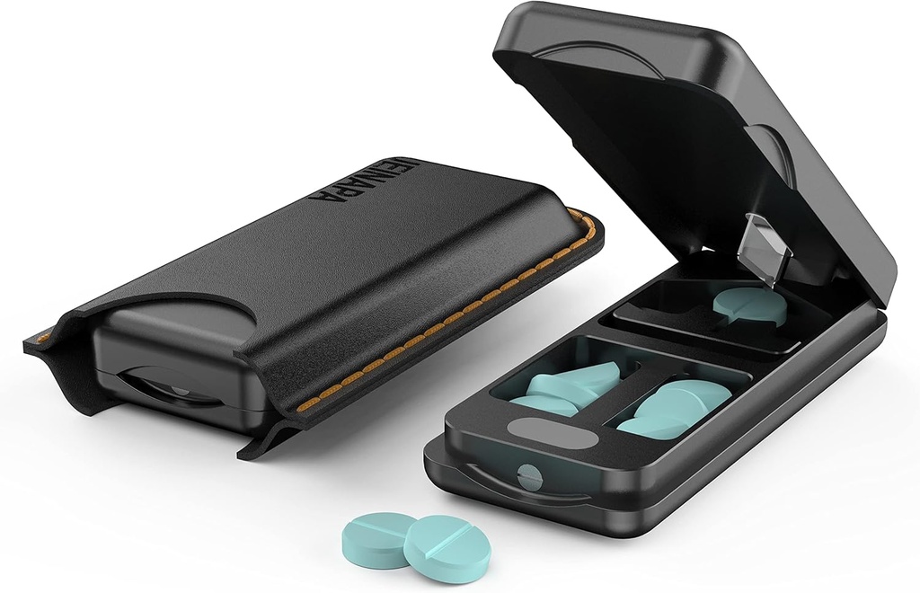 Pill Cutter med Auto Centry Device, Aluminium Pill Splitter med 316L Stainless Blade, Ægte læder sag, Professional Pill Splitter til skæring små piller eller store piller (sort)